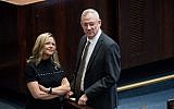 Miki Haimovich with Blue and White party leader Benny Gantz at the Knesset in Jerusalem, June 3, 2019. (Yonatan Sindel/ Flash90/File)