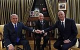 Prime Minister Benjamin Netanyahu (L) shakes hands with Blue and White party leader Benny Gantz (R) as President Reuven Rivlin looks on, at the President's Residence in Jerusalem, on September 23, 2019. (Haim Zach/GPO)