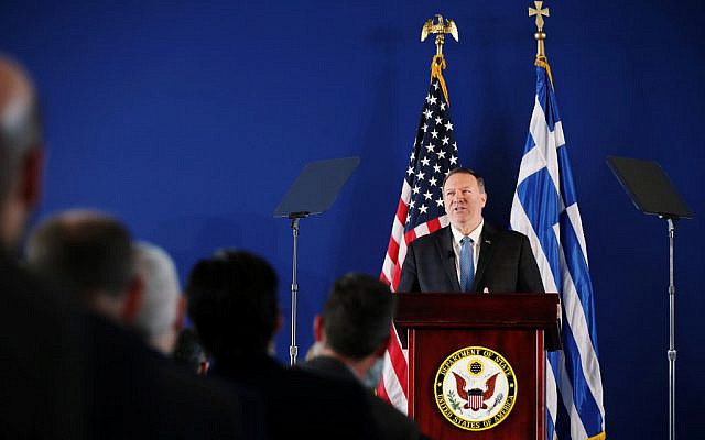 US Secretary of State Mike Pompeo delivers a speech at the Stavros Niarchos Foundation Cultural Center in Athens on October 5, 2019. (COSTAS BALTAS / POOL / AFP) US Secretary of State Mike Pompeo delivers a speech at the Stavros Niarchos Foundation Cultural Center in Athens on October 5, 2019. (COSTAS BALTAS / POOL / AFP)