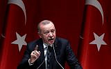 Turkish President Recep Tayyip Erdogan during an extended meeting with provincial heads of ruling Justice and Development (AK) Party in Ankara, Turkey, on October 10, 2019. (Adem ALTAN / AFP)