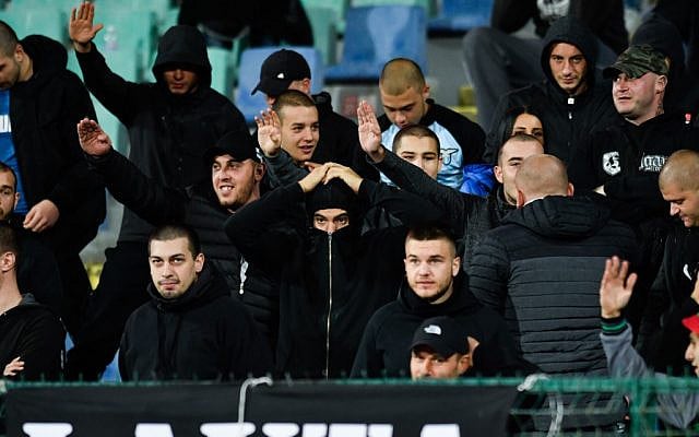 Bulgarian fans at the the Euro 2020 soccer qualification match between Bulgaria and England at the Vasil Levski National Stadium in Sofia, Bulgaria, on October 14, 2019. (Nikolay Doychinov/AFP) Bulgarian fans at the the Euro 2020 soccer qualification match between Bulgaria and England at the Vasil Levski National Stadium in Sofia, Bulgaria, on October 14, 2019. (Nikolay Doychinov/AFP)