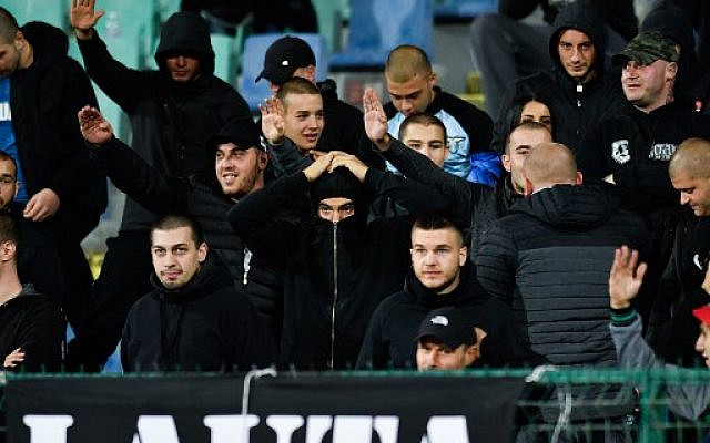 Bulgarian fans make the Nazi salute during the Euro 2020 Group A football qualification match between Bulgaria and England at the Vasil Levski National Stadium in Sofia on October 14, 2019. (Nikolay Dovchinov/AFP) Bulgarian fans make the Nazi salute during the Euro 2020 Group A football qualification match between Bulgaria and England at the Vasil Levski National Stadium in Sofia on October 14, 2019. (Nikolay Dovchinov/AFP)