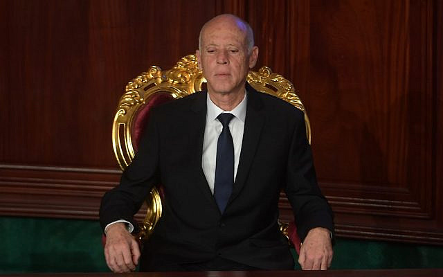 Tunisia's new President Kais Saied takes the oath of office at the parliament in Tunis, October 23, 2019. (Fethi Belaid/AFP) Tunisia's new President Kais Saied takes the oath of office at the parliament in Tunis, October 23, 2019. (Fethi Belaid/AFP)