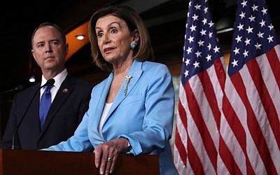 Speaker of the House Nancy Pelosi (D-CA) answers questions with House Select Committee on Intelligence Chairman Rep. Adam Shiff (D-CA) at the U.S. Capitol October 2, 2019 in Washington, DC. (Win McNamee/Getty Images/AFP)