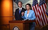 US House Speaker Nancy Pelosi and Intelligence Committee chairman Adam Schiff answer questions at a news conference in Washington, Oct. 2, 2019. (Win McNamee/Getty Images via JTA)