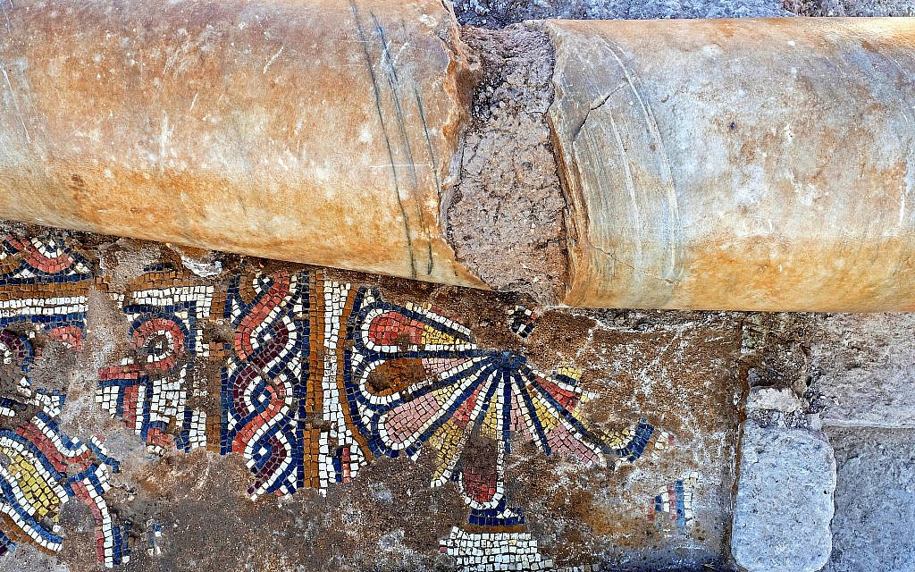 Mosaics exposed from the floor of the Byzantine-era church in Ramat Beit Shemesh, October 2019. (Asaf Peretz, Israel Antiquities Authority)