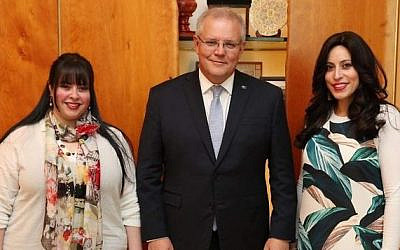 (From L-R) Dassi Erlich, Australian Prime Minister Scott Morrison and Nicole Meyer in Canberra on October 23, 2019. (Courtesy)