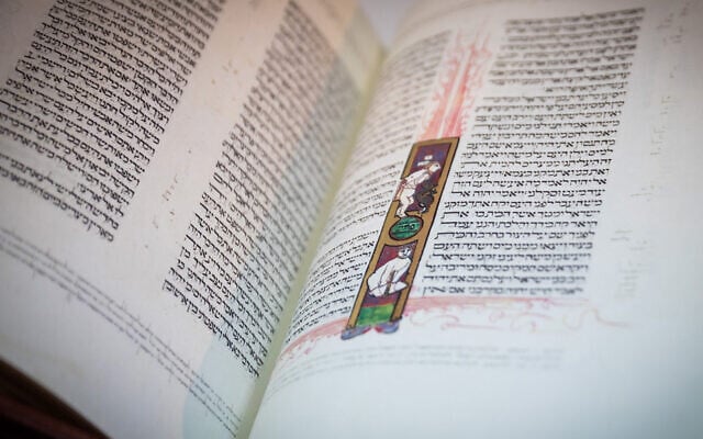 A page out of the Kennicott Bible, pictured at a press conference in Santiago de Compostela, Spain on Oct. 14, 2019. (Xunta de Galicia via JTA) A page out of the Kennicott Bible, pictured at a press conference in Santiago de Compostela, Spain on Oct. 14, 2019. (Xunta de Galicia via JTA)