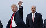 In this July 10, 2018, file photo, President Donald Trump is joined by Gordon Sondland, the US ambassador to the European Union, second from right, as he arrives at Melsbroek Air Base, in Brussels, Belgium. (AP Photo/Pablo Martinez Monsivais)