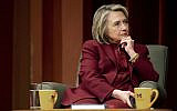 Hillary Clinton listens during a lecture on foreign policy at Rackham Auditorium, Thursday, Oct. 10, 2019 in Ann Arbor, Mich.(Jacob Hamilton/Ann Arbor News via AP)