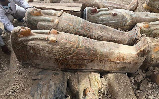 This photo provided by the Egyptian Ministry of Antiquities shows recently discovered ancient colored coffins with inscriptions and paintings, in the southern city of Luxor, Egypt, October 15, 2019. (Egyptian Ministry of Antiquities via AP) This photo provided by the Egyptian Ministry of Antiquities shows recently discovered ancient colored coffins with inscriptions and paintings, in the southern city of Luxor, Egypt, October 15, 2019. (Egyptian Ministry of Antiquities via AP)