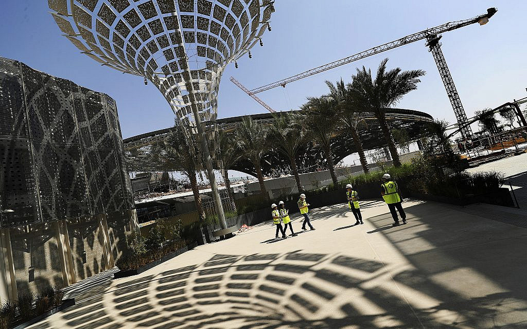In this Oct. 8, 2019, photo, Associated Press journalists visit the Sustainability Pavilion at the under construction site of the Expo 2020 in Dubai, United Arab Emirates. (AP Photo/Kamran Jebreili)