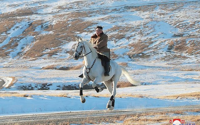 In this undated photo provided on October 16, 2019, by the North Korean government, North Korean leader Kim Jong Un rides a white horse to climb Mount Paektu, North Korea. (Korean Central News Agency/Korea News Service via AP)