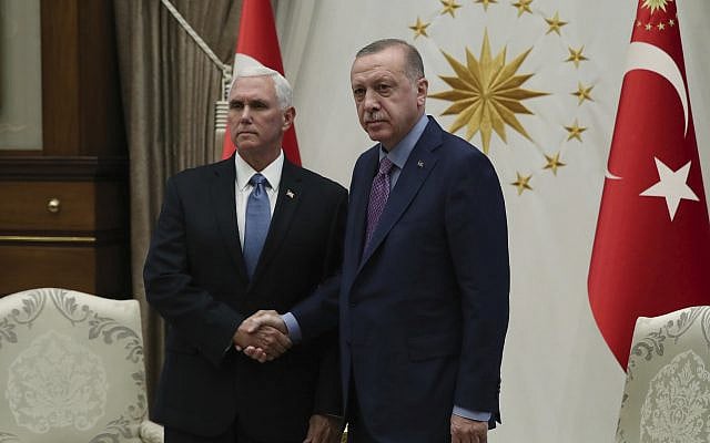 US Vice President Mike Pence, left, and Turkish President Recep Tayyip Erdogan at the presidential palace, in Ankara, Turkey, on October 17, 2019 (Presidential Press Service via AP, Pool ) US Vice President Mike Pence, left, and Turkish President Recep Tayyip Erdogan at the presidential palace, in Ankara, Turkey, on October 17, 2019 (Presidential Press Service via AP, Pool )