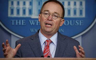 White House chief of staff Mick Mulvaney announces that the G7 will be held at Trump National Doral, Thursday, Oct. 17, 2019, in Washington. (AP Photo/Evan Vucci)