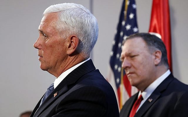 Vice President Mike Pence speaks at the US ambassador's residence during a news conference with Secretary of State Mike Pompeo after their meeting with Turkish President Recep Tayyip Erdogan, October 17, 2019, in Ankara, Turkey. (AP Photo/Jacquelyn Martin) Vice President Mike Pence speaks at the US ambassador's residence during a news conference with Secretary of State Mike Pompeo after their meeting with Turkish President Recep Tayyip Erdogan, October 17, 2019, in Ankara, Turkey. (AP Photo/Jacquelyn Martin)