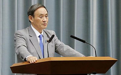 Japan's Chief Cabinet Secretary Yoshihide Suga speaks during a press conference at the prime minister's official residence in Tokyo, October 18, 2019. (Toshiyuki Matsumoto/Kyodo News via AP) Japan's Chief Cabinet Secretary Yoshihide Suga speaks during a press conference at the prime minister's official residence in Tokyo, October 18, 2019. (Toshiyuki Matsumoto/Kyodo News via AP)
