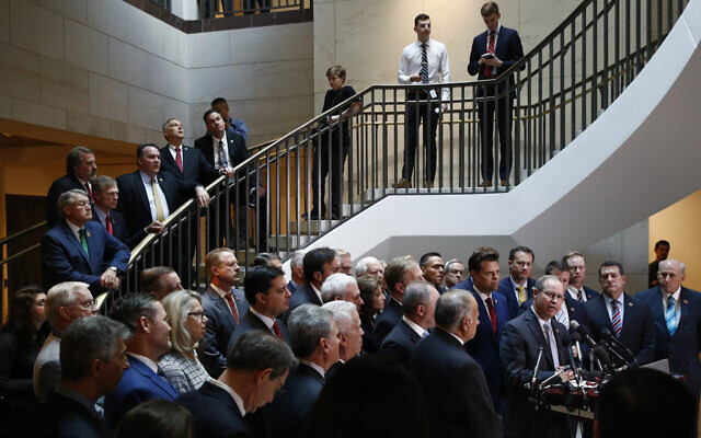 House Republicans gather for a news conference after Deputy Assistant Secretary of Defense Laura Cooper arrived for a closed door meeting to testify as part of the House impeachment inquiry into President Donald Trump, Wednesday, Oct. 23, 2019, on Capitol Hill in Washington. (AP Photo/Patrick Semansky) House Republicans gather for a news conference after Deputy Assistant Secretary of Defense Laura Cooper arrived for a closed door meeting to testify as part of the House impeachment inquiry into President Donald Trump, Wednesday, Oct. 23, 2019, on Capitol Hill in Washington. (AP Photo/Patrick Semansky)