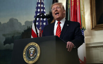 US President Donald Trump speaks in the Diplomatic Room of the White House in Washington, October 27, 2019. (AP Photo/Andrew Harnik)