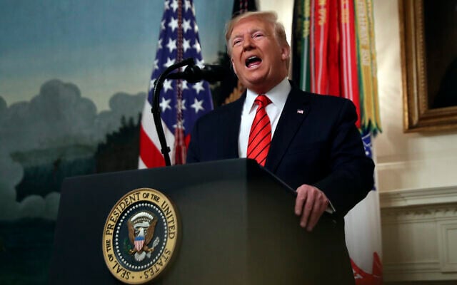 US President Donald Trump speaks in the Diplomatic Room of the White House in Washington, October 27, 2019. (AP Photo/Andrew Harnik) US President Donald Trump speaks in the Diplomatic Room of the White House in Washington, October 27, 2019. (AP Photo/Andrew Harnik)