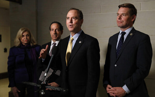 Rep. Adam Schiff, D-California, center, speaks with members of the media after former deputy national security adviser Charles Kupperman signaled that he would not appear as scheduled for a closed door meeting to testify as part of the House impeachment inquiry into US President Donald Trump, on Capitol Hill in Washington, October 28, 2019. (Patrick Semansky/AP) Rep. Adam Schiff, D-California, center, speaks with members of the media after former deputy national security adviser Charles Kupperman signaled that he would not appear as scheduled for a closed door meeting to testify as part of the House impeachment inquiry into US President Donald Trump, on Capitol Hill in Washington, October 28, 2019. (Patrick Semansky/AP)