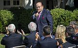Former New York City Mayor Rudy Giuliani during the Sept. 11 attacks, now an attorney for President Donald Trump, signals a thumbs-up to first responders during a ceremony in the White House Rose Garden where the president signed an act ensuring that a victims' compensation fund never runs out of money, Monday, July 29, 2019, in Washington. (AP/J. Scott Applewhite)