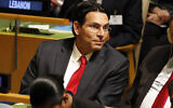 Then Israeli ambassador to the United Nations Danny Danon listens to speakers at the 74th session of the United Nations General Assembly at UN headquarters, September 24, 2019. (AP Photo/Seth Wenig)
