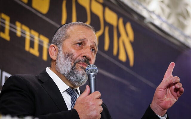 Shas party chairman Interior Minister Aryeh Deri addresses supporters at the Shas party event for the Jewish new year in Jerusalem on September 24, 2019. (Flash90) Shas party chairman Interior Minister Aryeh Deri addresses supporters at the Shas party event for the Jewish new year in Jerusalem on September 24, 2019. (Flash90)