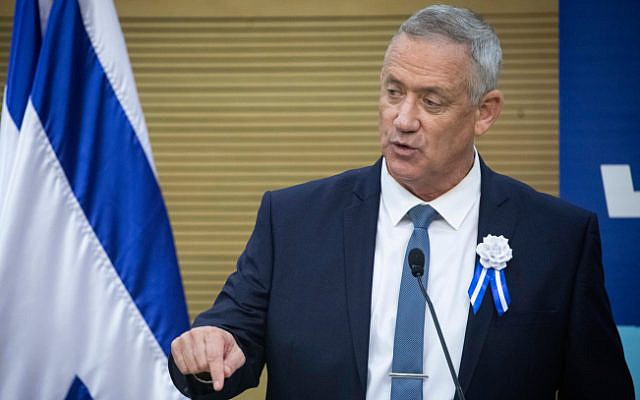 Blue and White chief Benny Gantz speaks at a faction meeting during the opening session of the 22nd Knesset, October 3, 2019. (Hadas Parush/Flash90) Blue and White chief Benny Gantz speaks at a faction meeting during the opening session of the 22nd Knesset, October 3, 2019. (Hadas Parush/Flash90)