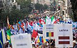 Thousands of Israelis and Christian evangelists take part in Sukkot's Jerusalem March in the capital, October 17, 2019 (Yonatan Sindel/Flash90)