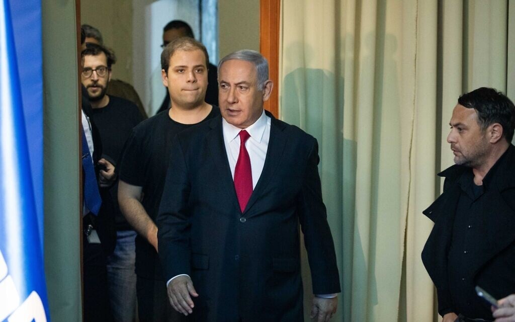 (R-L) Ofer Golan, Likud campaign manager, Prime Minister Benjamin Netanyahu, digital adviser Topaz Luk, and Likud spokesman Jonatan Urich at the Prime Minister's Residence in Jerusalem on March 20, 2019. (Yonatan Sindel/Flash90)