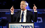 Head of the Blue and White party Benny Gantz speaks to supporters at a party rally in Tel Aviv on October 31, 2019.  (Avshalom Shoshoni/Flash90)
