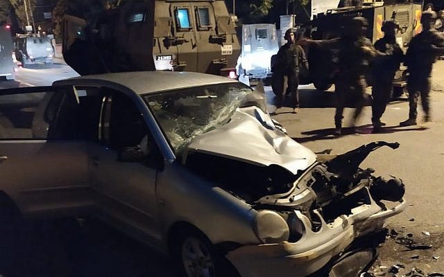 The car said to have been driven in an attempted car-ramming attack on Border Police near Ramallah, October 17, 2019 (Border Police) The car said to have been driven in an attempted car-ramming attack on Border Police near Ramallah, October 17, 2019 (Border Police)
