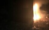 A fire set to a Border Police tent on the Kumi Ori outpost near Yitzhar on October 24, 2019. (Courtesy)