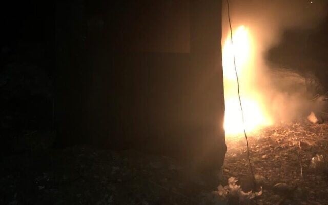A fire set to a Border Police tent on the Kumi Ori outpost near Yitzhar on October 24, 2019. (Courtesy) A fire set to a Border Police tent on the Kumi Ori outpost near Yitzhar on October 24, 2019. (Courtesy)