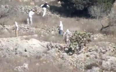 Masked settlers near Givat Ronen hurl stones at Palestinian farmer on October 19, 2019. (Screen capture/Yesh Din)