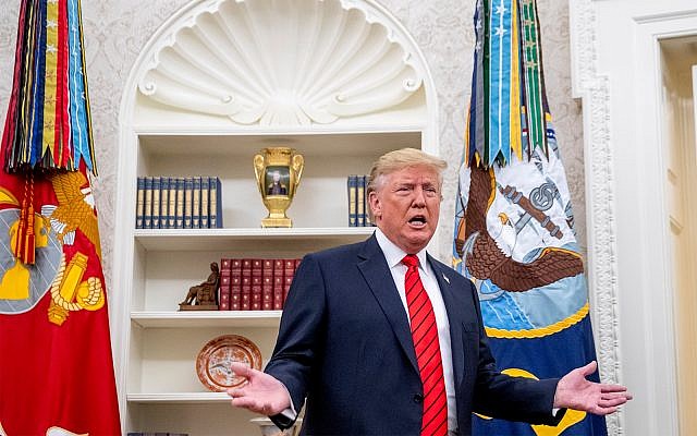 US President Donald Trump speaks to the media in the Oval Office of the White House in Washington, September 30, 2019. (AP Photo/Andrew Harnik) US President Donald Trump speaks to the media in the Oval Office of the White House in Washington, September 30, 2019. (AP Photo/Andrew Harnik)