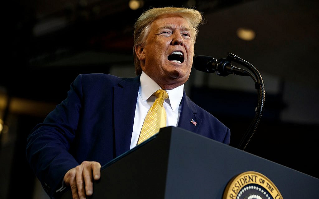 US President Donald Trump speaks during a campaign rally at the Lake Charles Civic Center, October 11, 2019, in Lake Charles, Louisiana. (AP Photo/Evan Vucci) US President Donald Trump speaks during a campaign rally at the Lake Charles Civic Center, October 11, 2019, in Lake Charles, Louisiana. (AP Photo/Evan Vucci)