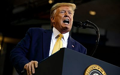US President Donald Trump speaks during a campaign rally at the Lake Charles Civic Center, October 11, 2019, in Lake Charles, Louisiana. (AP Photo/Evan Vucci)