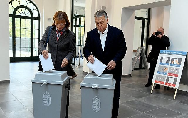 Hungarian Prime Minister Viktor Orban of the governing Fidesz party and his wife cast their ballots during local elections in Budapest, Hungary, October 13, 2019. (Szilard Koszticsak/MTI via AP) Hungarian Prime Minister Viktor Orban of the governing Fidesz party and his wife cast their ballots during local elections in Budapest, Hungary, October 13, 2019. (Szilard Koszticsak/MTI via AP)