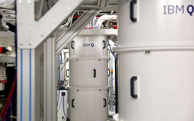 A quantum computer, encased in a refrigerator that keeps the temperature close to zero kelvin in the quantum computing lab at the IBM Thomas J. Watson Research Center in Yorktown Heights, NY, February 27, 2018. (AP Photo/Seth Wenig)