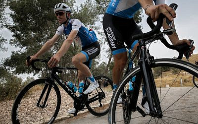 Israel Cycling Academy team cyclists practice ahead of the Giro d'Italia at Tel Azeka central Israel, May 1, 2018. (AP Photo/Sebastian Scheiner)