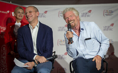 Virgin Atlantic founder Richard Branson and CEO Shai Weiss hold a press conference after touching down at Ben Gurion Airport in Tel Aviv, Israel. (Courtesy Virgin)