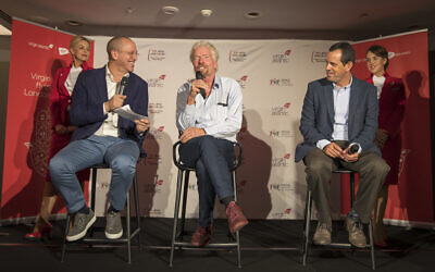 Virgin Atlantic founder Richard Branson and CEO Shai Weiss hold a press conference after touching down at Ben Gurion Airport in Tel Aviv, Israel. (Courtesy Virgin)