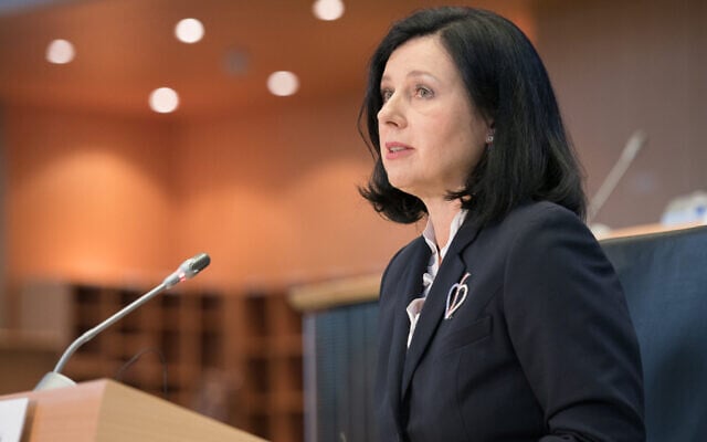 Vera Jourova, European Commissioner for Justice, Consumers and Gender Equality, speaking at the European Parliament in Brussels, Belgium in 2014. (European Union Press Service via JTA) Vera Jourova, European Commissioner for Justice, Consumers and Gender Equality, speaking at the European Parliament in Brussels, Belgium in 2014. (European Union Press Service via JTA)