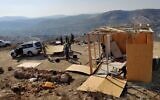Civil Administration workers demolish two structures in the Shevah Ha'aretz illegal outpost near Yitzhar on October 24, 2019. (Courtesy)