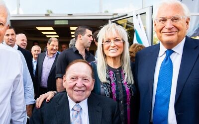 (From L-R) Sheldon Adelson, Miriam Adelson and US Ambassador to Israel David Friedman attend a ceremony marking the start of the school year for the inaugural class of students at Ariel University's medical school on October 27, 2019. (Josef Photography)