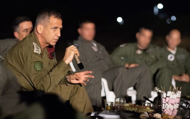 IDF chief of staff Aviv Kohavi holds a meeting around a camp fire with senior Air Force officers on October 23, 2019. (Israel Defense Forces) IDF chief of staff Aviv Kohavi holds a meeting around a camp fire with senior Air Force officers on October 23, 2019. (Israel Defense Forces)