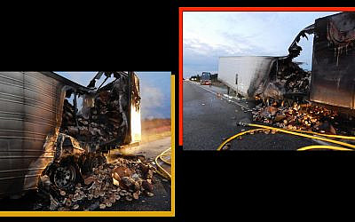 Tons of frozen bagel went up in flames when a semi's rear axle caught fire, October 6, 2019. (Courtesy of the Indiana State Police via JTA)