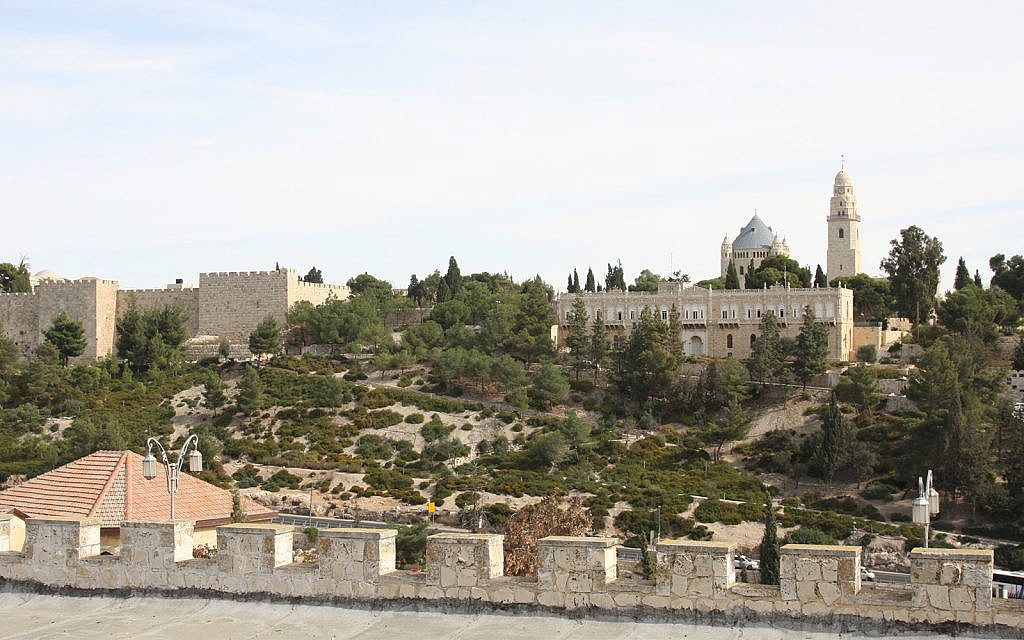 The view of Mount Zion from Mishkenot Sha’ananim's windmill plaza. (Shmuel Bar-Am)